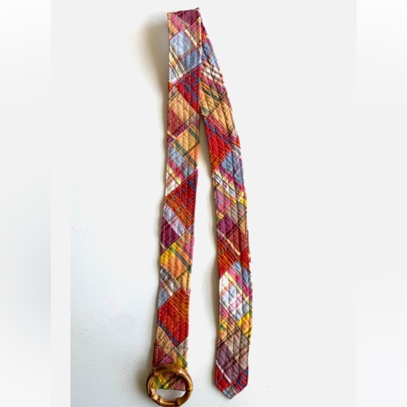 J CREW Womens Belt S MADRAS Plaid Cotton Fabric Wood Bamboo Buckle Ring - Picture 5 of 5